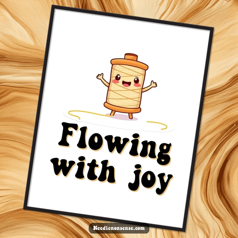 Funny thread spool character digital art print, joyfully unspooling, capturing motion and humor for instant home decor.