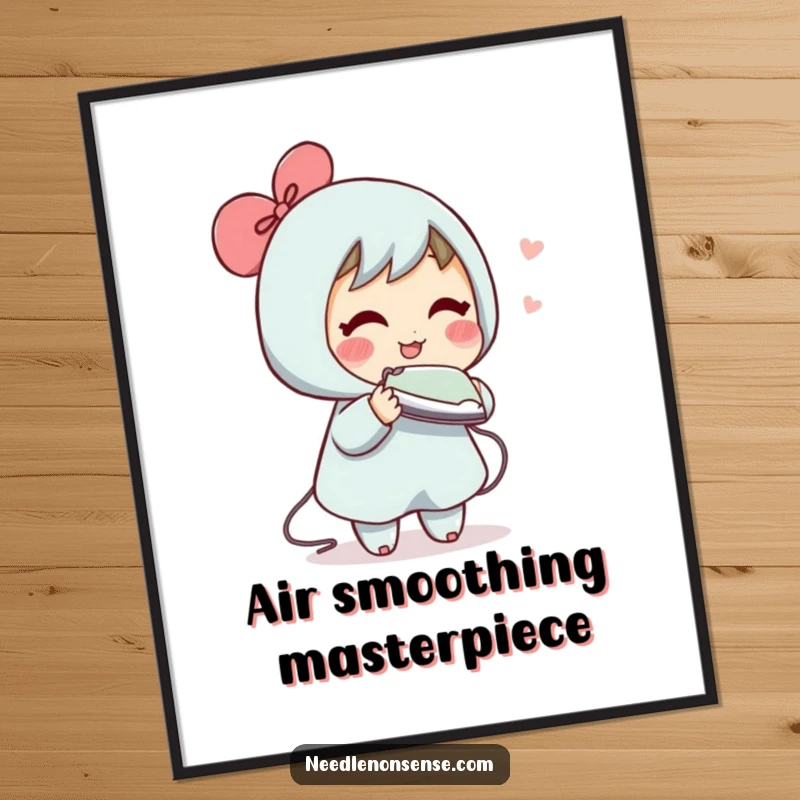 Funny digital art print of a blushing character humorously trying to iron a wrinkle out of the air, for whimsical decor.
