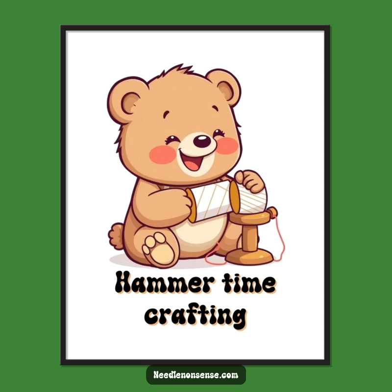 Funny Bear Sewing Digital Art: Jolly Cub Hammering Printable, Crafty Decor Funny Gift