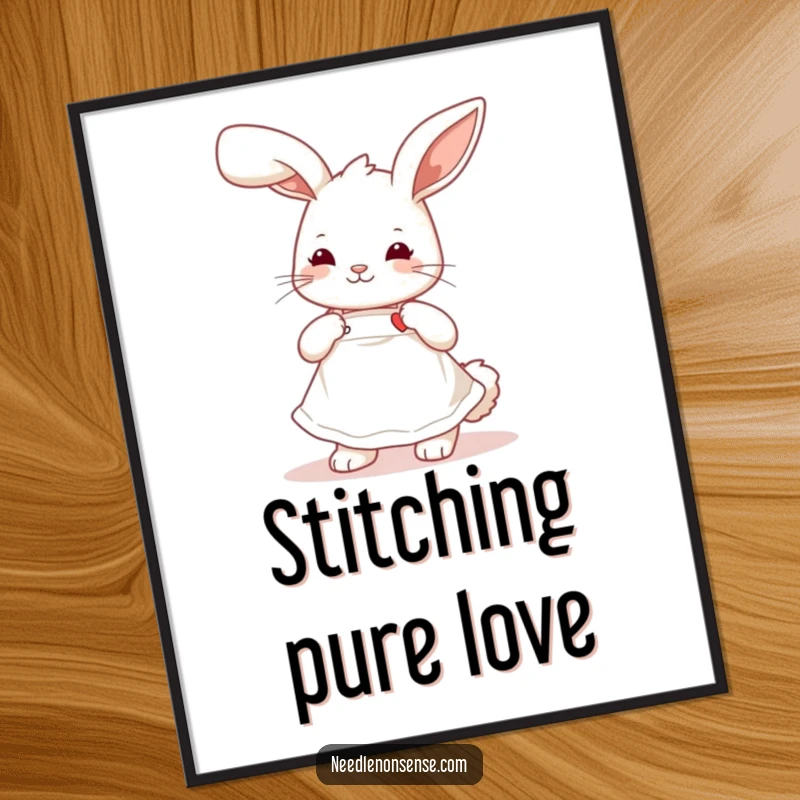 Funny playful bunny wearing a cute apron, stitching a tiny heart, a charming digital art print for crafters.