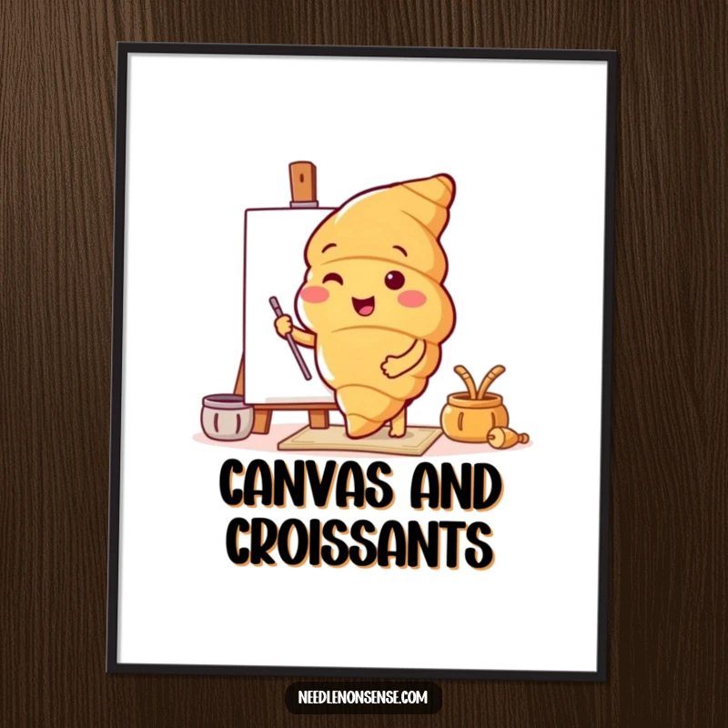 Funny digital art print of a cheerful croissant character preparing a canvas, ideal for inspiring wall decor.
