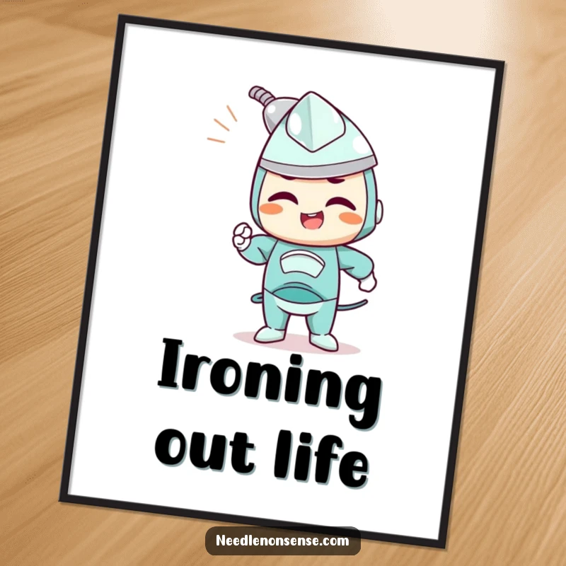 Funny digital art print of a determined iron character joyfully smoothing out wrinkles, perfect for instant organized decor.