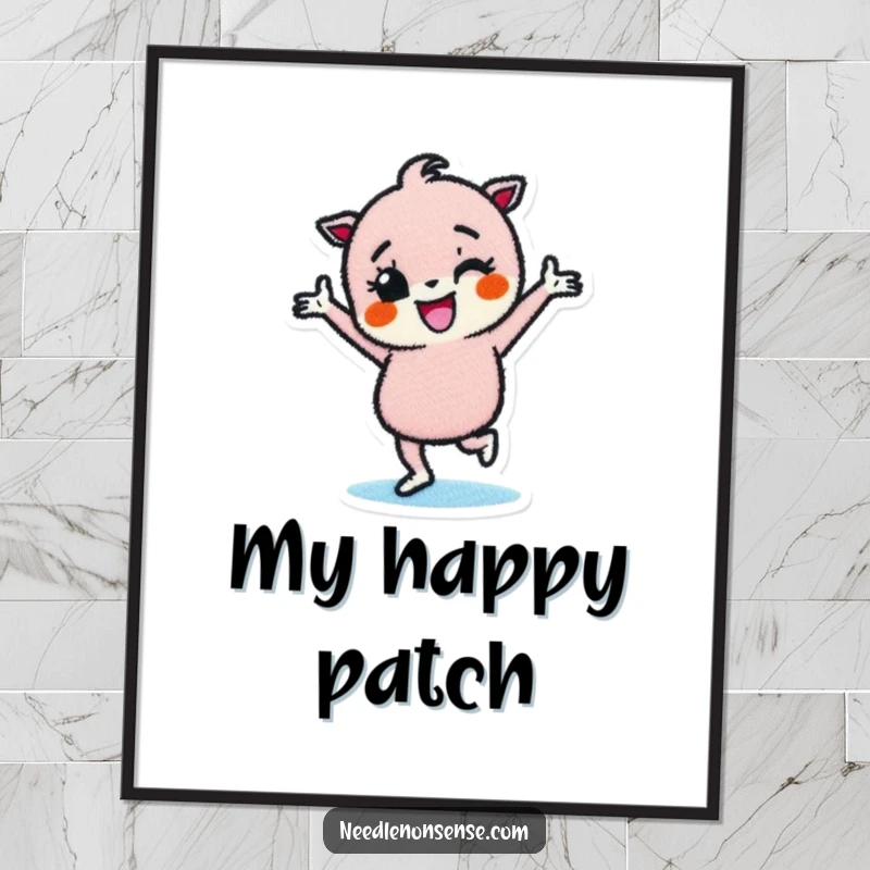 Funny digital art print of a determined fabric patch character dancing enthusiastically, ideal for vibrant and humorous home decor.