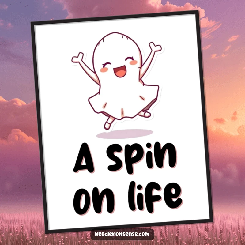 Funny Digital Art Print of a fabric scrap character doing a cartwheel, perfect for joyful and humorous decor.