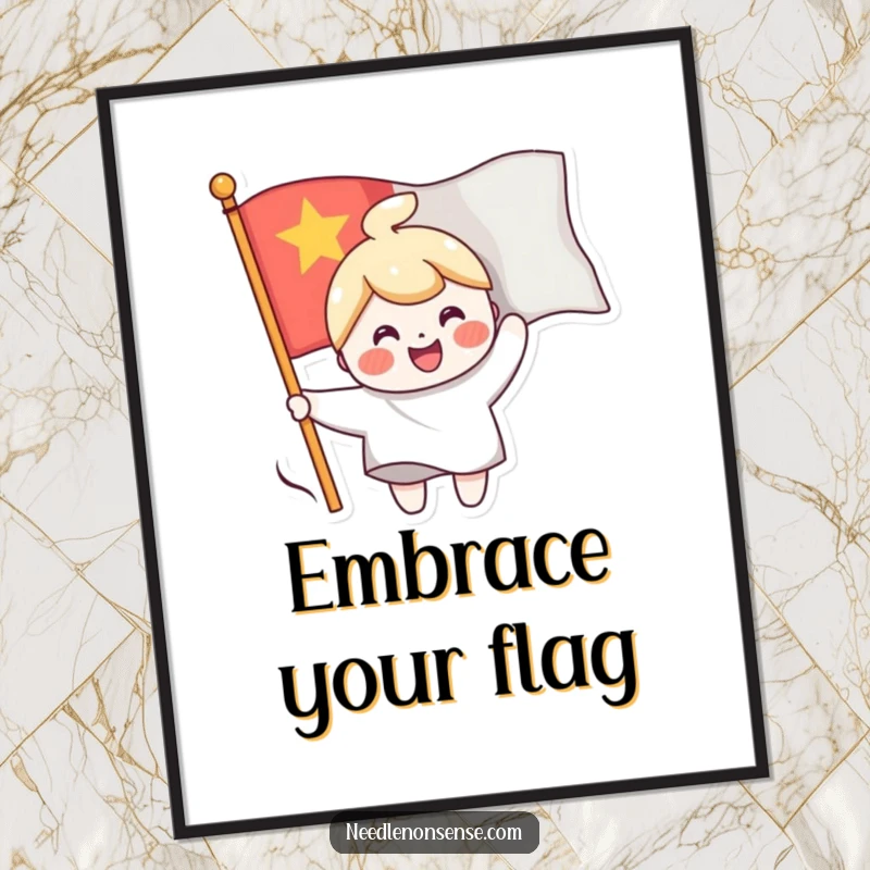 Funny digital art print of a cheerful character sewing a smiling face onto a waving flag, creating a vibrant and uplifting scene.