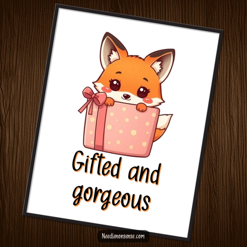 Funny kawaii fox hiding behind a vibrant gift box, a humorous and cute digital art print, perfect for instant wall decor.