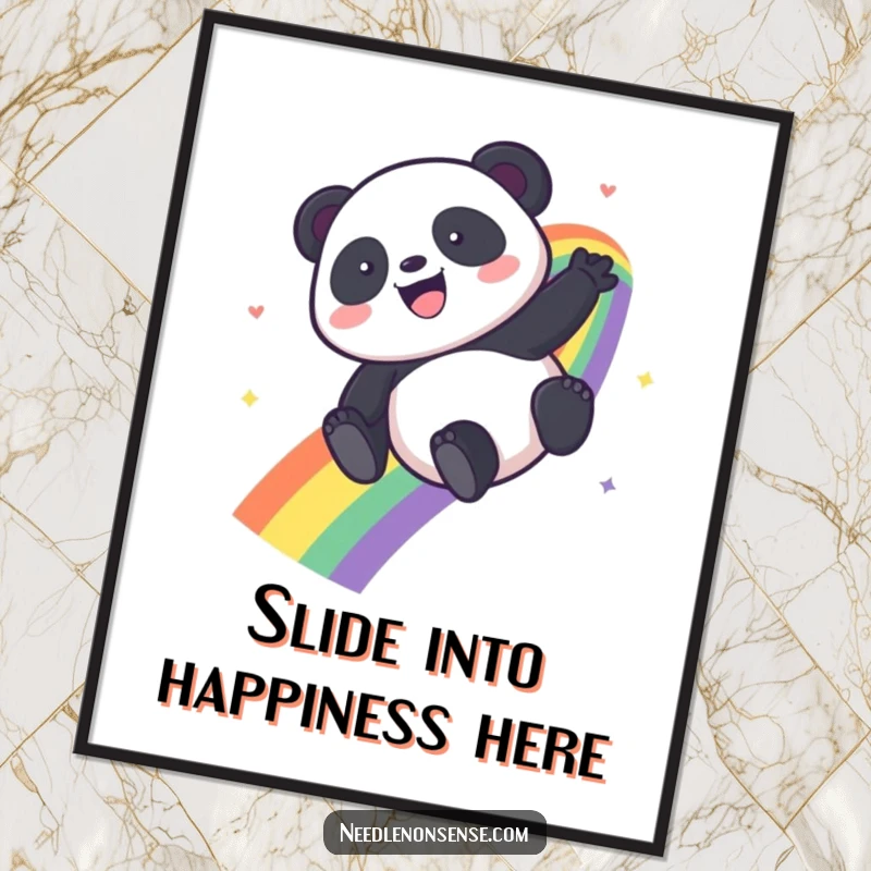 Funny Kawaii Panda digital art print of a panda gleefully sliding down a rainbow, perfect for printable decor.
