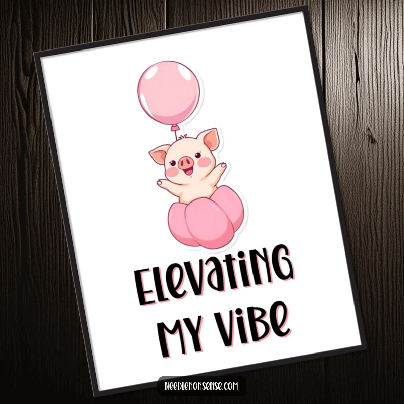 Funny kawaii piglet smiling and floating upwards on a balloon, a humorous and vibrant digital art print, perfect for instant wall decor.