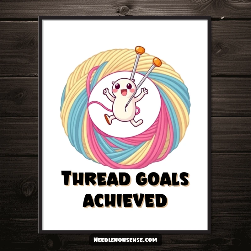 Funny digital art print of a cute needle character gleefully leaping through a giant loop of colorful thread, perfect for crafting spaces.