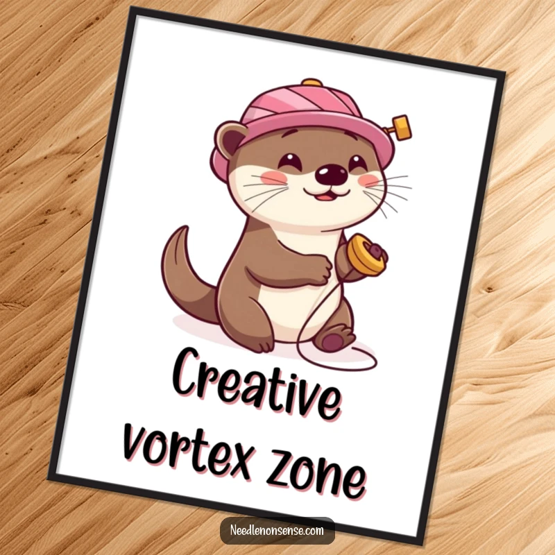 Funny Otter Sewing Digital Art Print, showing a playful otter with a sewing spool hat, happily spinning, ready to print and frame.