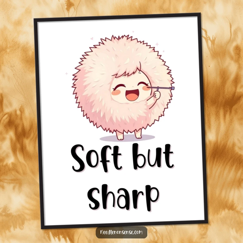 Funny digital art print of a joyful character playfully poking a large pom-pom with a needle, creating a charming and humorous scene.