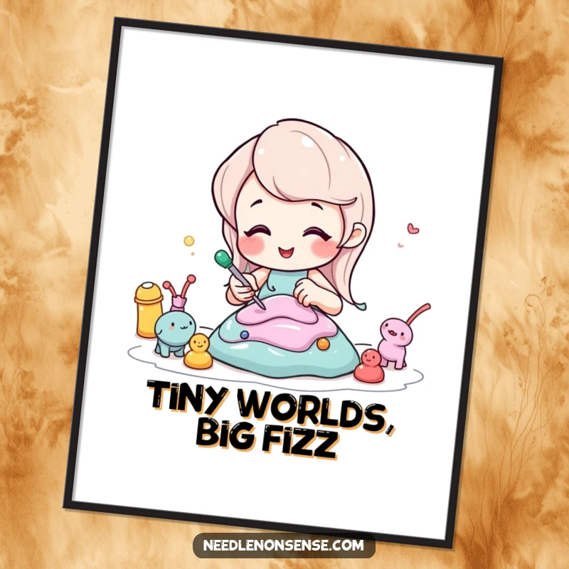 Funny digital art print of a bubbly soda character happily sculpting small figures, ideal for vibrant wall decor.
