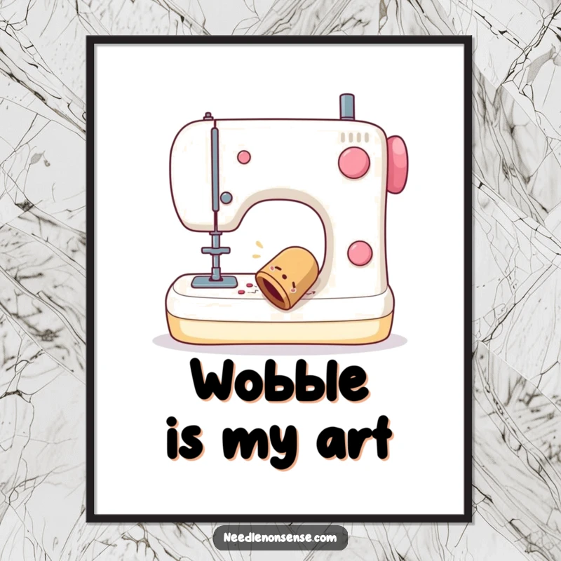 Funny digital art print of a sewing thimble wobbling off a sewing machine, perfect for humorous wall decor.