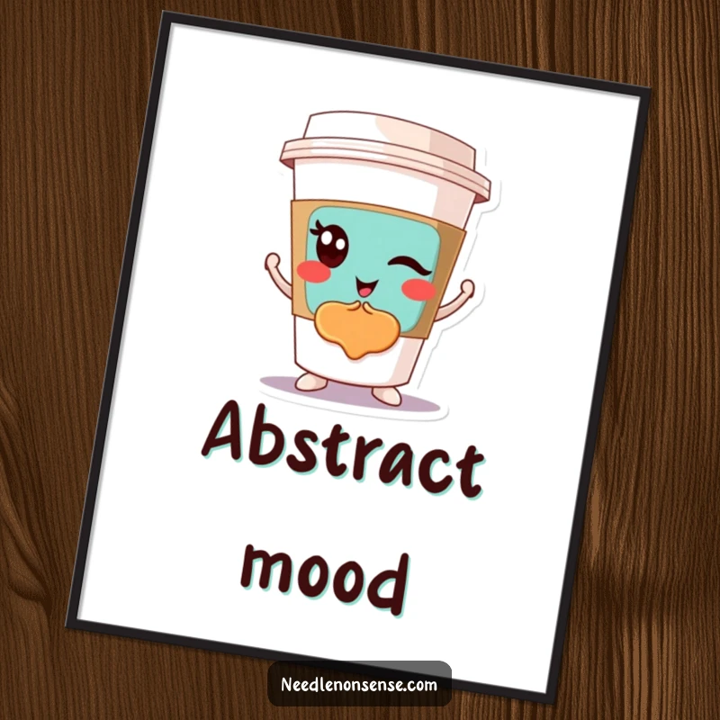 Funny digital art print of a winking coffee cup character proudly displaying a colorful abstract design, bursting with artistic flair.