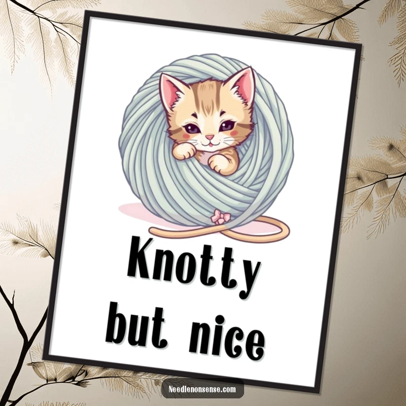 Funny Kitten Yarn Tangle Digital Art Print, a playful kitten is tangled in a giant ball of yarn, funny wall art.