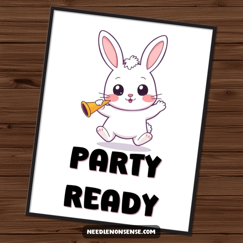 Funny Kawaii Bunny Digital Art: A wide-eyed kawaii bunny bounces, holding a party horn, bringing instant festive fun.
