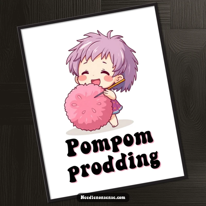 Funny digital art print of a happy character playfully poking a giant pom-pom with a needle, ready for easy printing.
