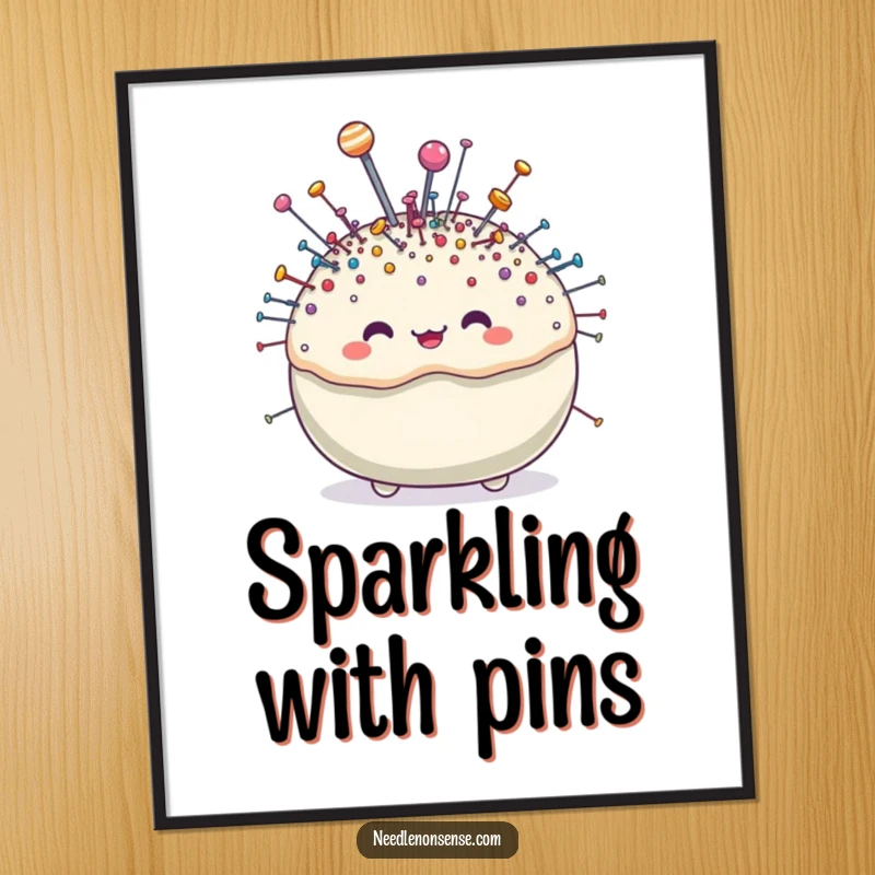 Funny pincushion character digital art print, overflowing with tiny, sparkling pins, perfect for printable crafty decor.
