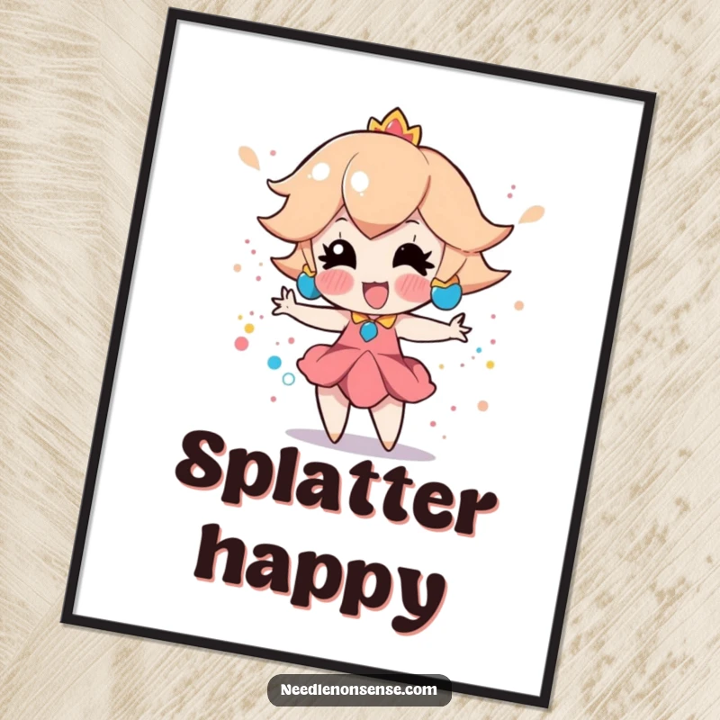 Funny digital art print of a playful peach character enthusiastically creating a vibrant splatter paint effect, bursting with artistic energy.