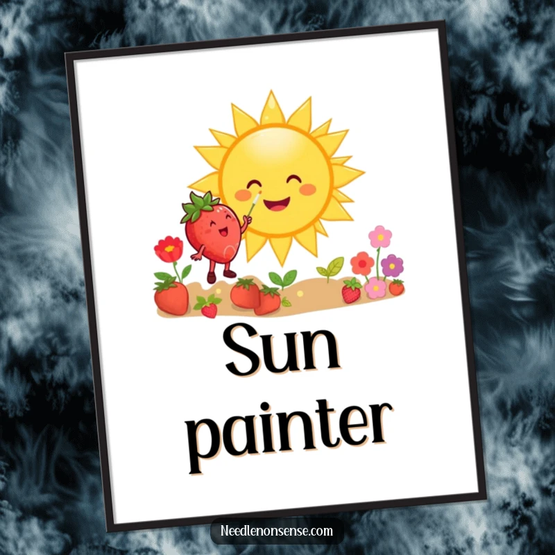 Funny digital art print of a happy strawberry character joyfully painting a giant smiling sun, bursting with cheerful artistic energy.