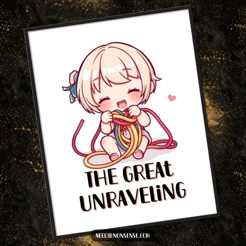 Funny Yarn Knot Digital Art Print: A character playfully untangles a colorful knot of yarn, perfect for crafty decor.