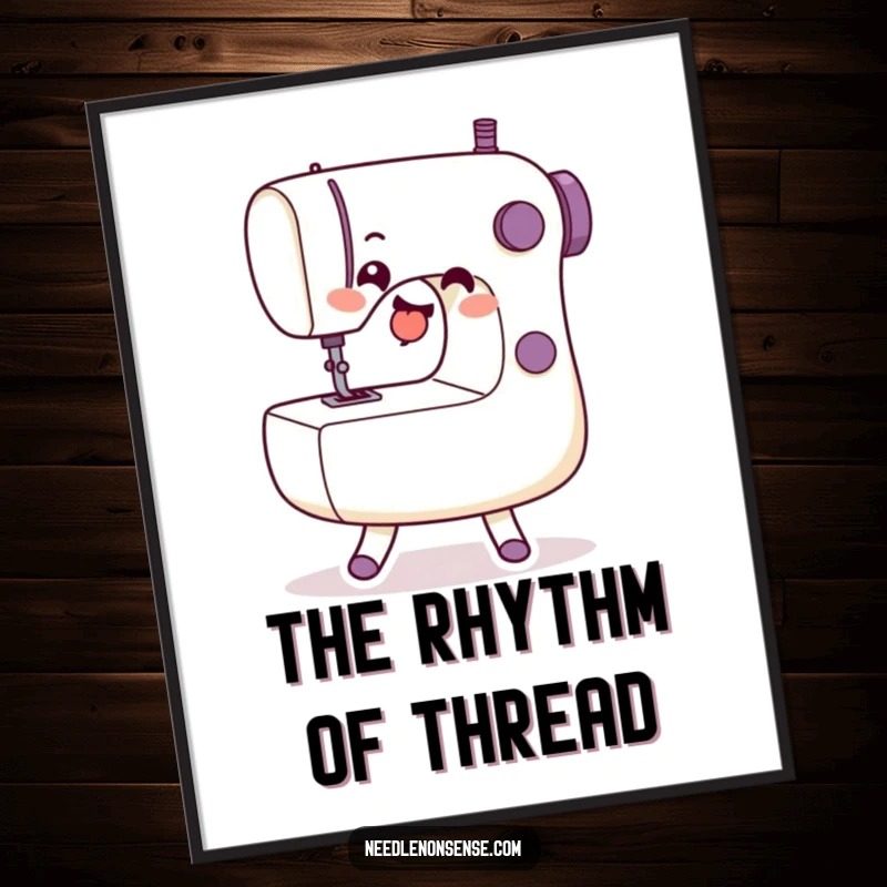 Funny Digital Art Print of a sewing machine character in a lively dance, perfect for energetic and humorous decor.