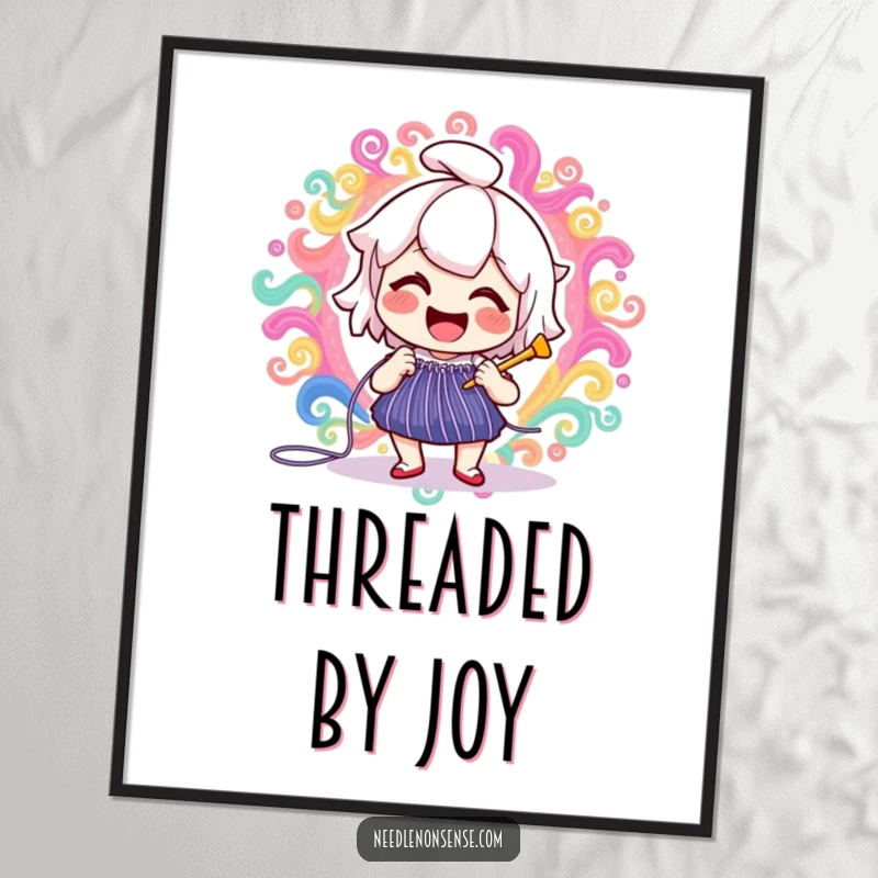 Funny delighted needle character joyfully stitching a vibrant, swirling pattern, a humorous digital artwork download for instant decor.