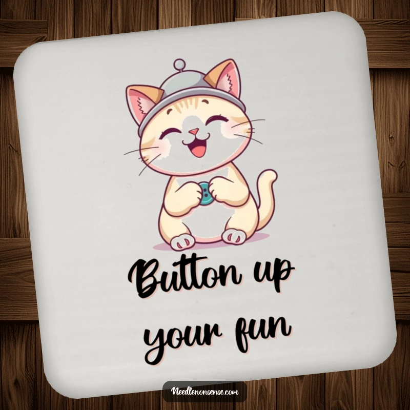 Funny cat wearing a thimble hat sewing a button, a cute and humorous drink coaster set.
