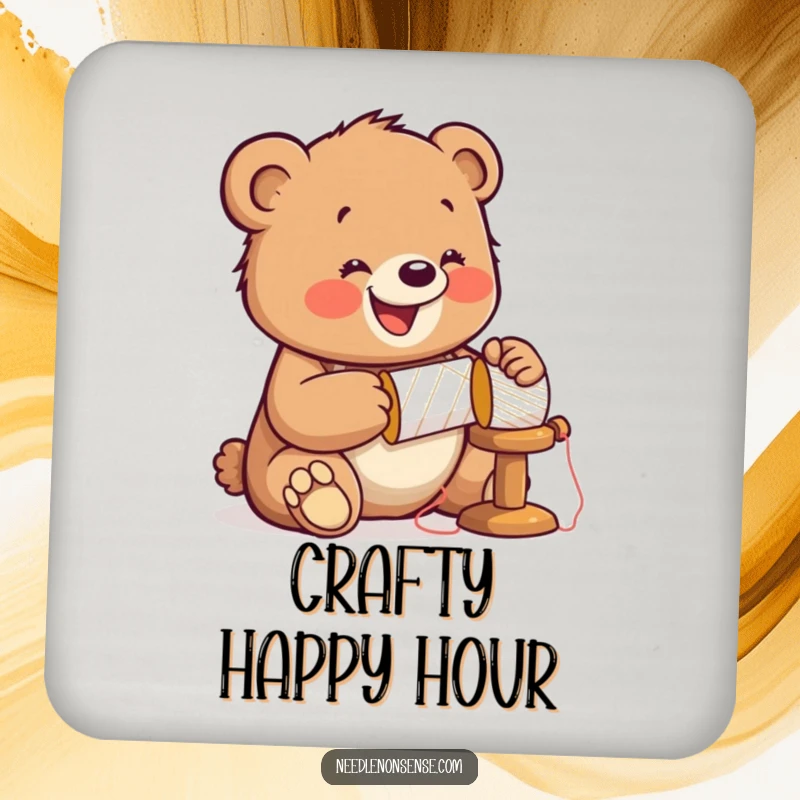 Funny Bear Sewing Coaster, featuring a jolly bear cub hammering a spool, wearing a thimble, protecting surfaces with enthusiasm.