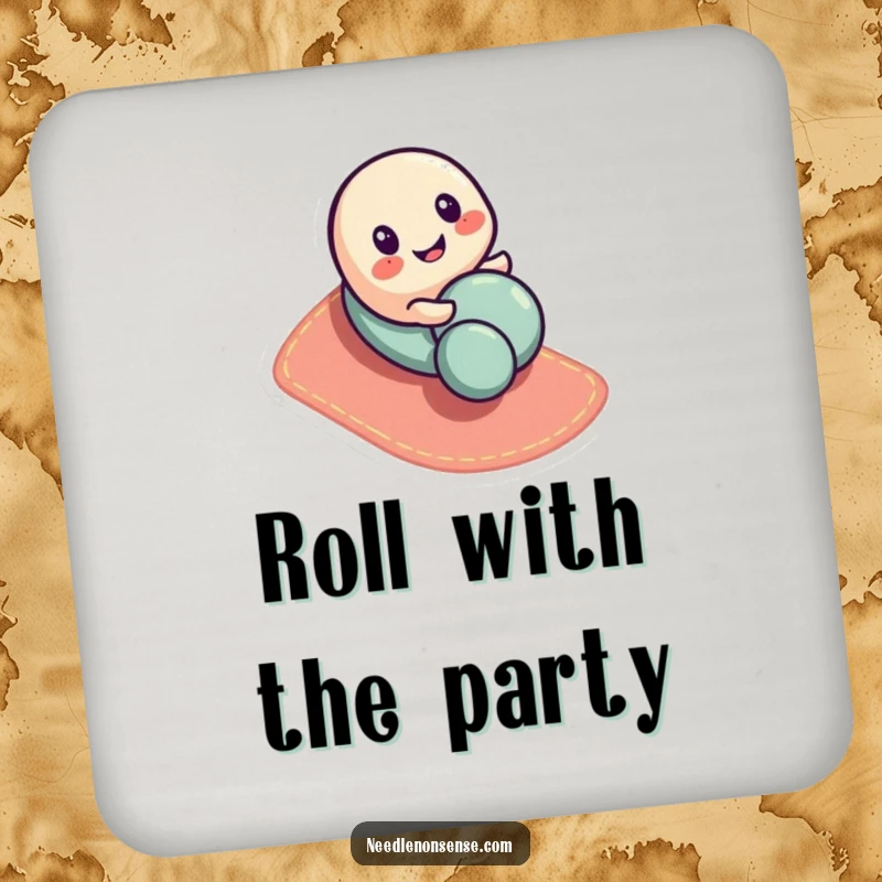 Funny button character drink coaster, playfully rolling down a fabric slope, adding cute humor to table protection.