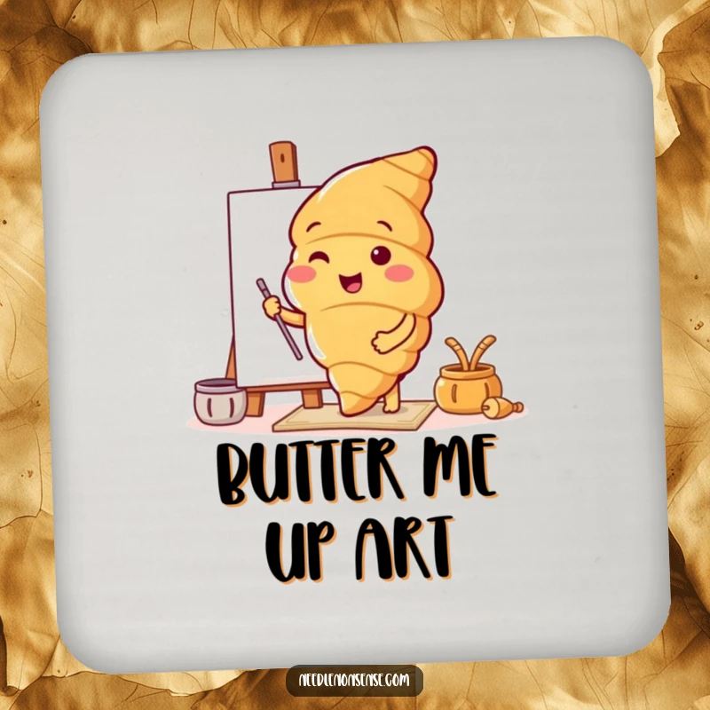 Funny drink coasters featuring a croissant character setting up a canvas, offering artistic surface protection.