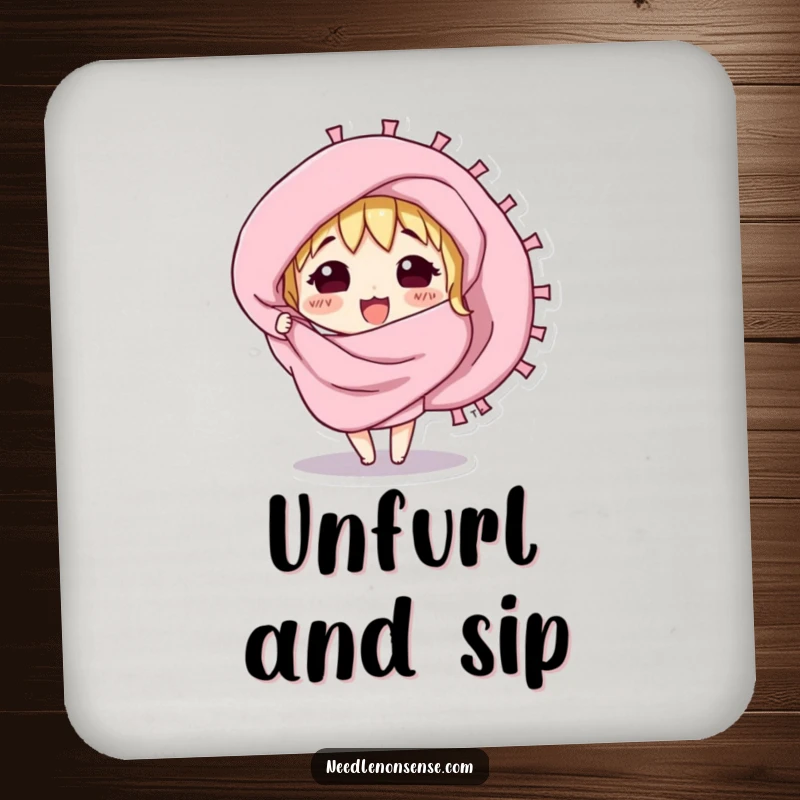Funny drink coaster with a curious fabric swatch character excitedly unfurling, offering stylish surface protection.