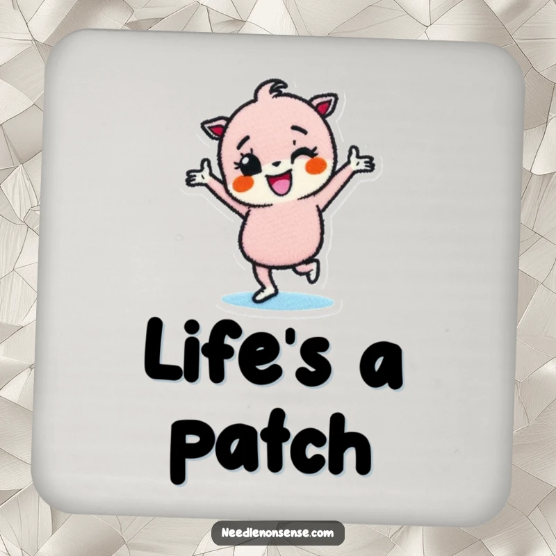 Funny drink coasters featuring a determined fabric patch character doing a happy dance, adding a touch of playful art.