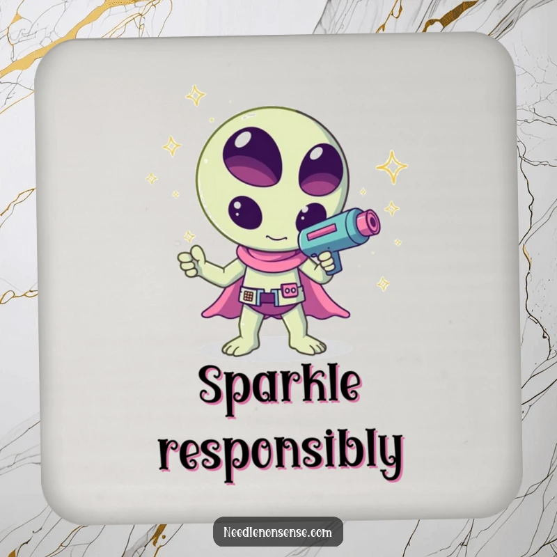 Funny kawaii alien waving a ray gun that shoots sparkles, a humorous and celestial design on this drink coaster, perfect for tabletops.