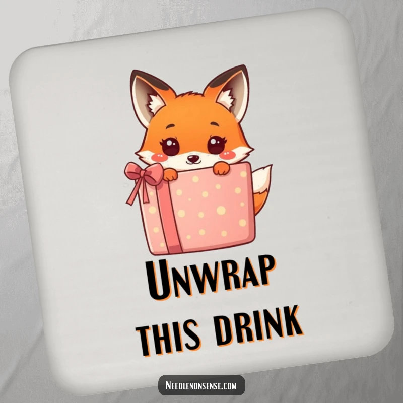 Funny kawaii fox peeking behind a colorful gift, a charming and humorous design on this drink coaster, perfect for tabletops.