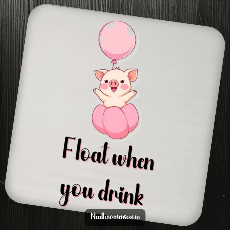 Funny kawaii piglet smiling while floating up on a balloon, a humorous and cheerful design on this drink coaster, perfect for tabletops.
