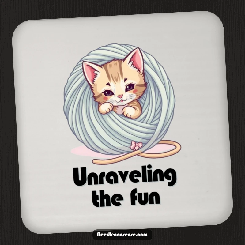 Funny Kitten Yarn Tangle Coasters, a playful kitten is tangled in a giant ball of yarn, funny table decor.