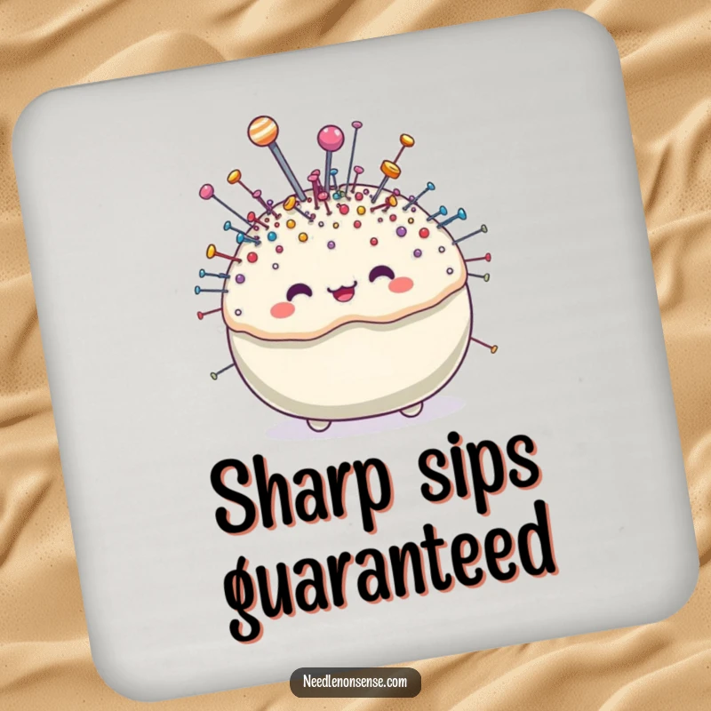 Funny pincushion character drink coaster, brimming with tiny, sparkling pins, adding cute humor and surface protection.