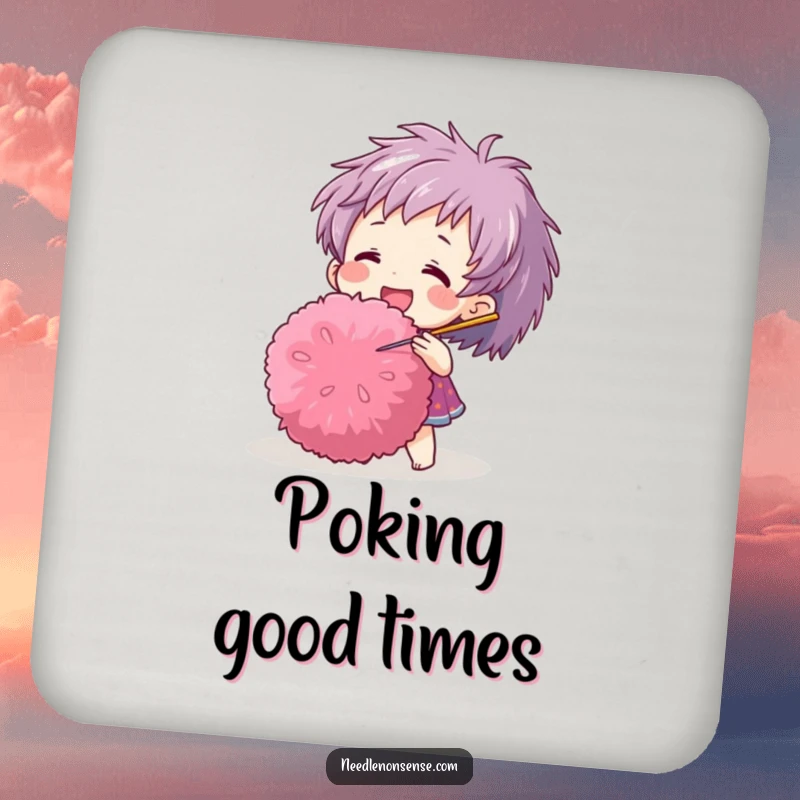 Funny drink coaster featuring a cheerful character playfully poking a large pom-pom with a needle, protecting surfaces with charm.