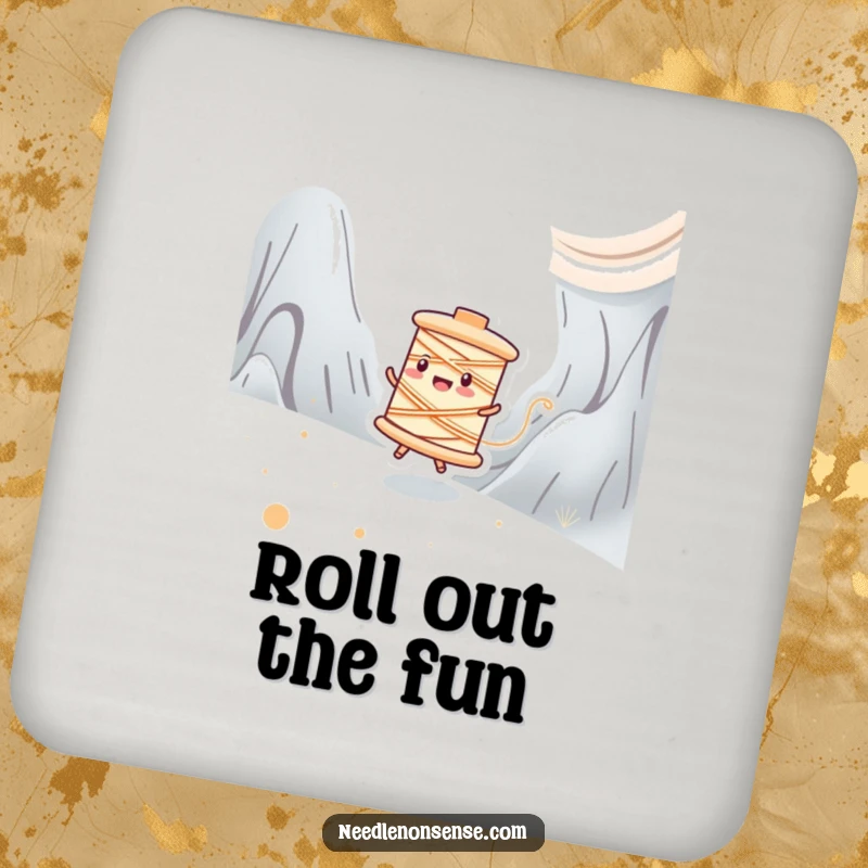 Funny drink coaster with a happy spool of thread character zipping across a fabric landscape, protecting surfaces.