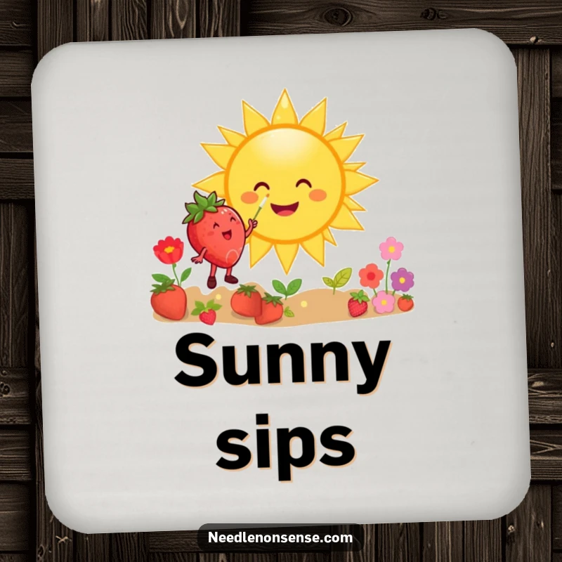 Funny drink coaster with a happy strawberry character painting a giant smiling sun, adding cheerful artistic vibes.
