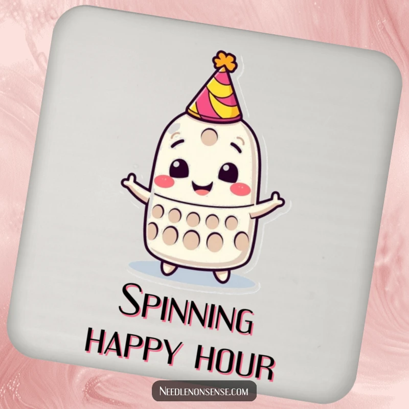 Funny drink coaster showcasing a smiling thimble character wearing a party hat and spinning joyfully, protecting surfaces.