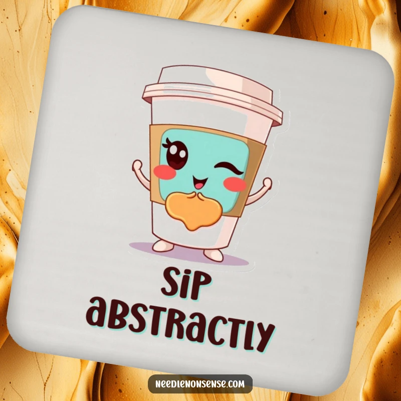 Funny drink coaster with a winking coffee cup character displaying a colorful abstract design, adding a modern, artistic touch.