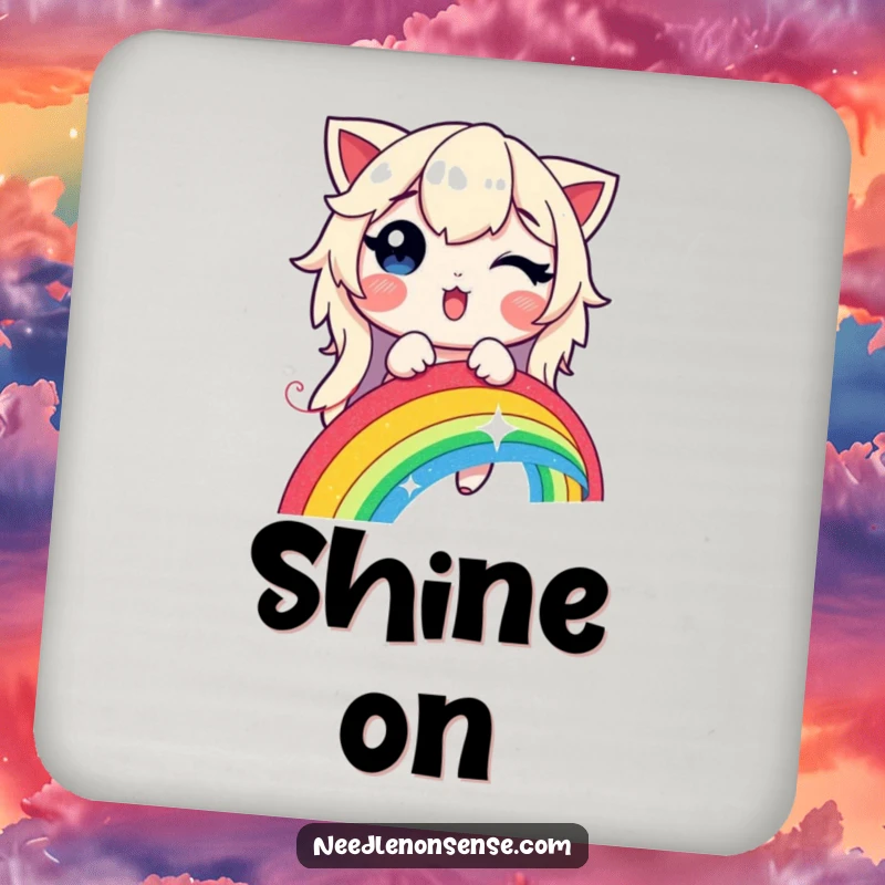 Funny, absorbent coaster featuring a delighted character stitching a glowing rainbow with a shimmering thread.