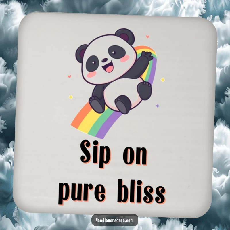 Funny Kawaii Panda coaster featuring a panda sliding down a colorful rainbow, adding charm to any drink.