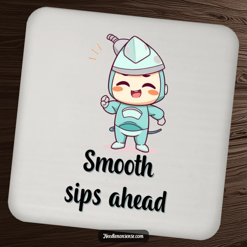 Funny drink coaster with a determined iron character joyfully smoothing out wrinkles, offering precise surface protection.