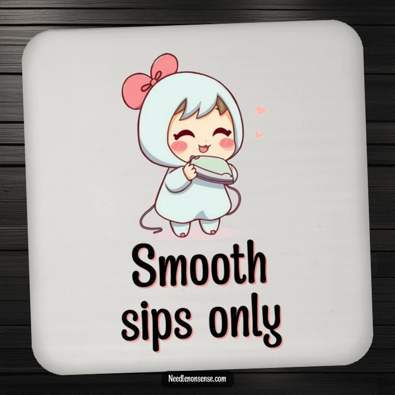 Funny drink coasters with a blushing character trying to iron an air wrinkle, offering protection with a humorous touch.