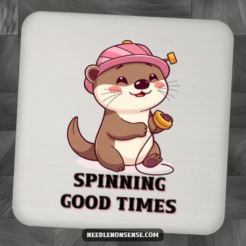 Funny Otter Sewing Coaster, featuring a playful otter with a sewing spool hat, happily spinning, protecting surfaces with whimsy.