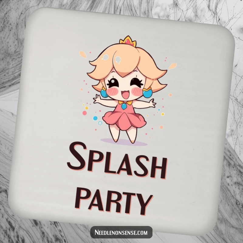 Funny drink coaster with a playful peach character creating a vibrant splatter paint effect, adding an artistic, colorful touch.