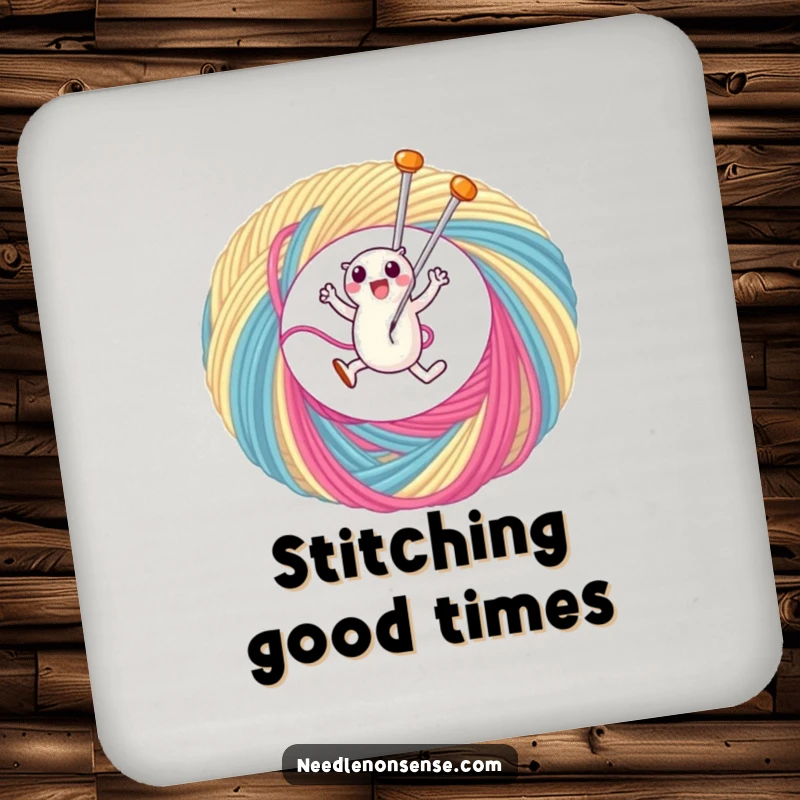 Funny drink coaster featuring a cute needle character leaping through a colorful thread loop, protecting surfaces with sewing charm.